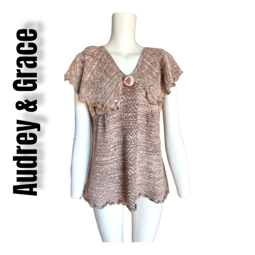 Audrey & Grace Cotton Mini Cap Sleeve Top Slub Curly Hem Size M Beige Marled